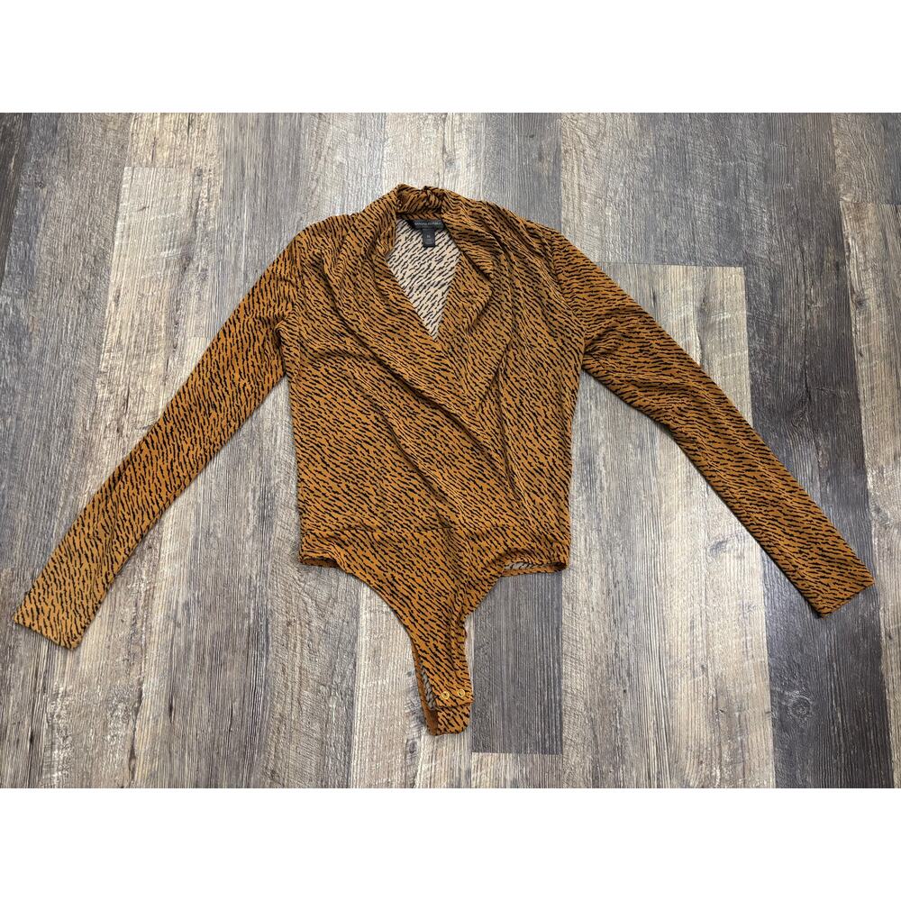 Banana Republic Animal Print Bodysuit XS Mustard Yellow Black Long Sleeve Wrap‎